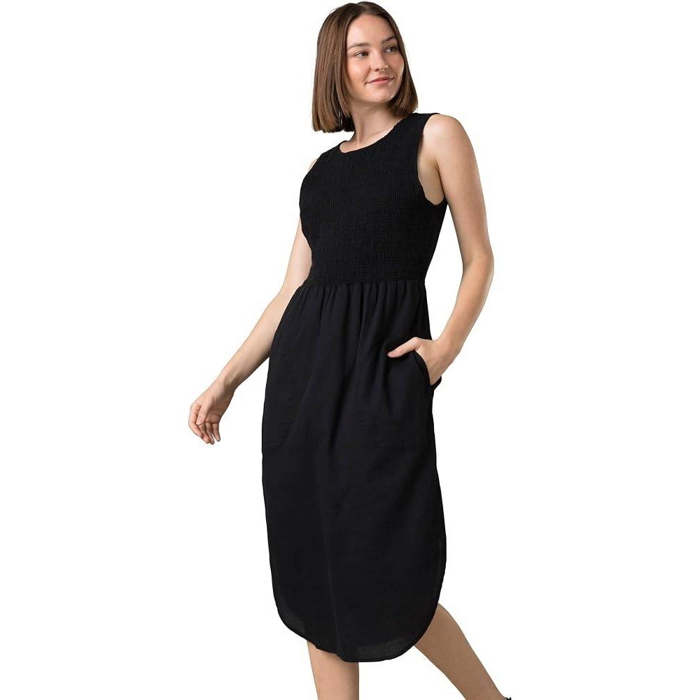 PrAna Dress Womens Small Seakissed Black Organic Cotton Smocked Midi Sleeveless